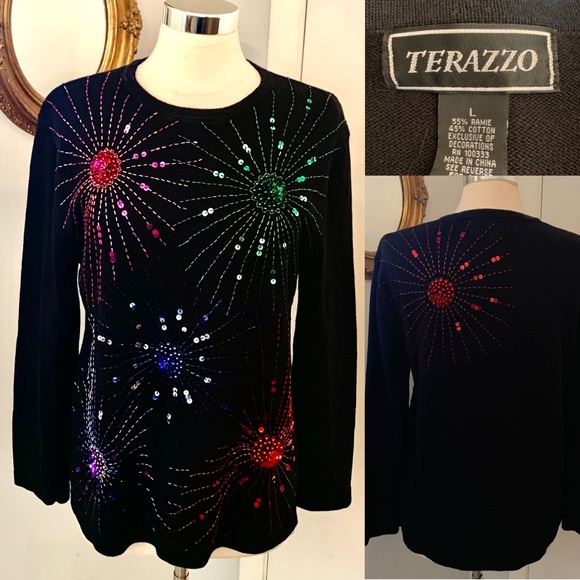 Women’s Black Sequined Sweater Holiday Christmas New Years Evening Sz L Terazzo - Picture 12 of 12